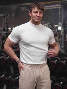 GymBeat 男士白色夏季運動休閒純色健身T恤，修身圓領運動上衣 - 白色 - 查看 6