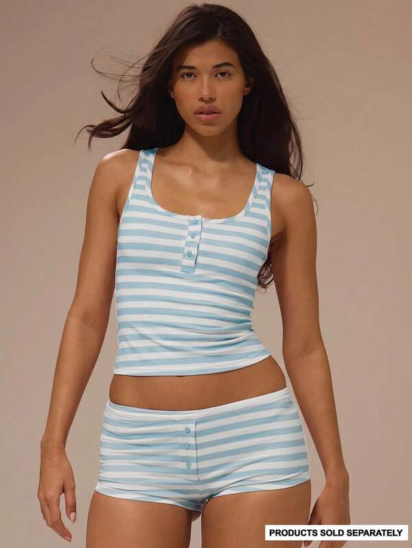 MUSERA Scoop Neck Stripe Button Detail Sleeveless Cami Tank Top Coord Top Only Cute Sexy Daily Night Pajamas Lingerie Essentials