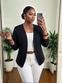 SHEIN Lady CURVE Jaket Wanita Ukuran Besar Warna Polos Depan Terbuka Elegan Kasual Smart Jacket Musim Gugur Kantor Bisnis Hitam - Hitam - View 5