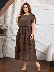 Lacomfia Plus Size Short Sleeve Solid Color Chiffon Multi-Layer Asymmetrical Hem Midi Dress For Women Formal Wedding Guest Brown Summer Elegant - Coffee Brown - View 3