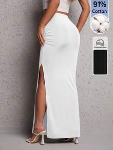 SHEIN PETITE Women's Solid Color Slit Design Casual Sexy Versatile Daily Wear Skirt Everyday Going Out White Summer - White - View 2