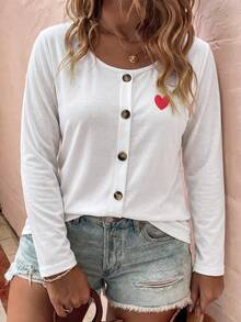 SHEIN LUNE Women's Autumn/Winter Small Heart Print Casual T-Shirt Formal Vacation Red And White - White - View 5