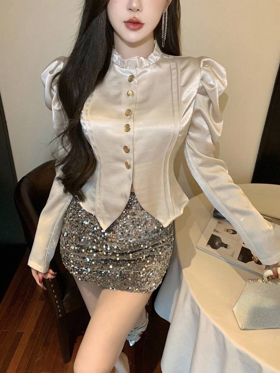 DAZY Blusa da donna con colletto alto, balze e maniche a sbuffo, colore unito, abbigliamento autunnale da donna, top a maniche lunghe - Albicocca - Visualizzare 1