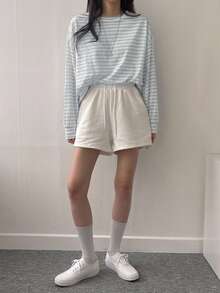 DAZY Striped Print Drop Shoulder Oversized Tee Long Sleeve Women Tops - Blue and White - View 9