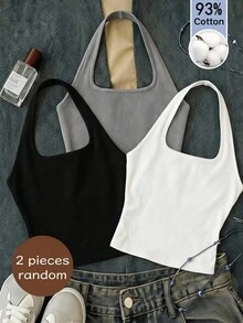 SHEIN 2 piezas/Set de camisetas cortas ajustadas con cuello halter para niñas, multicolor básico - Multicolor - Ver 1