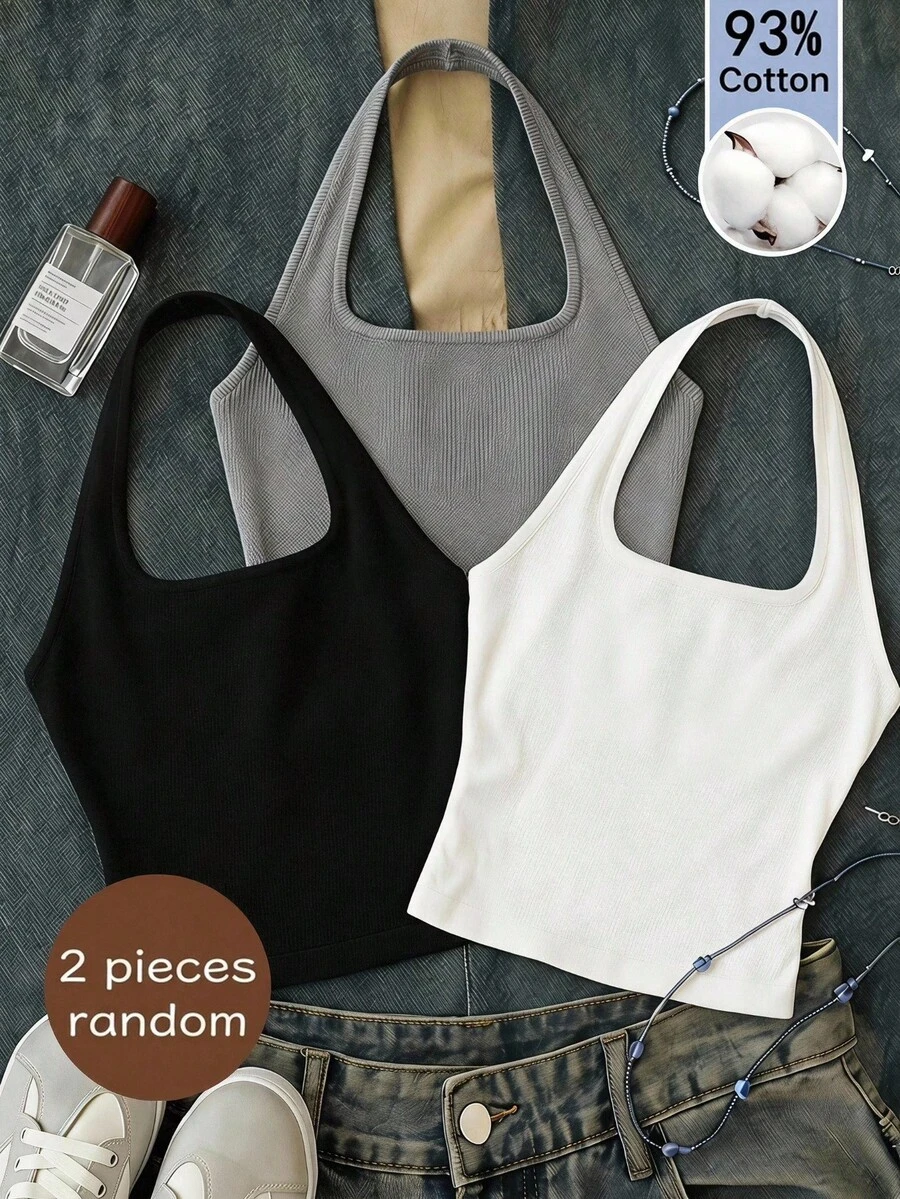 SHEIN 2 piezas/Set de camisetas cortas ajustadas con cuello halter para niñas, multicolor básico - Multicolor - Ver 1