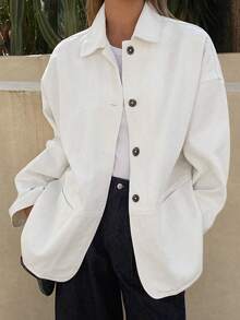 DAZY Women's Lapel Loose Long Sleeve Open Front Denim Jacket, Casual City Style Washed Relaxed Denim Jacket - White - View 2