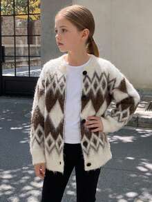 Hapijoa Tween Girl Plaid Loose Fit Autumn Sweater Top, Thick Cardigan, Colorblock Casual Knitwear Winter - Beige - View 5
