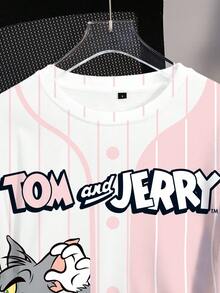 TOM & JERRY X SHEIN 女款拼色條紋卡通印花運動衫 - 白色 - 查看 5