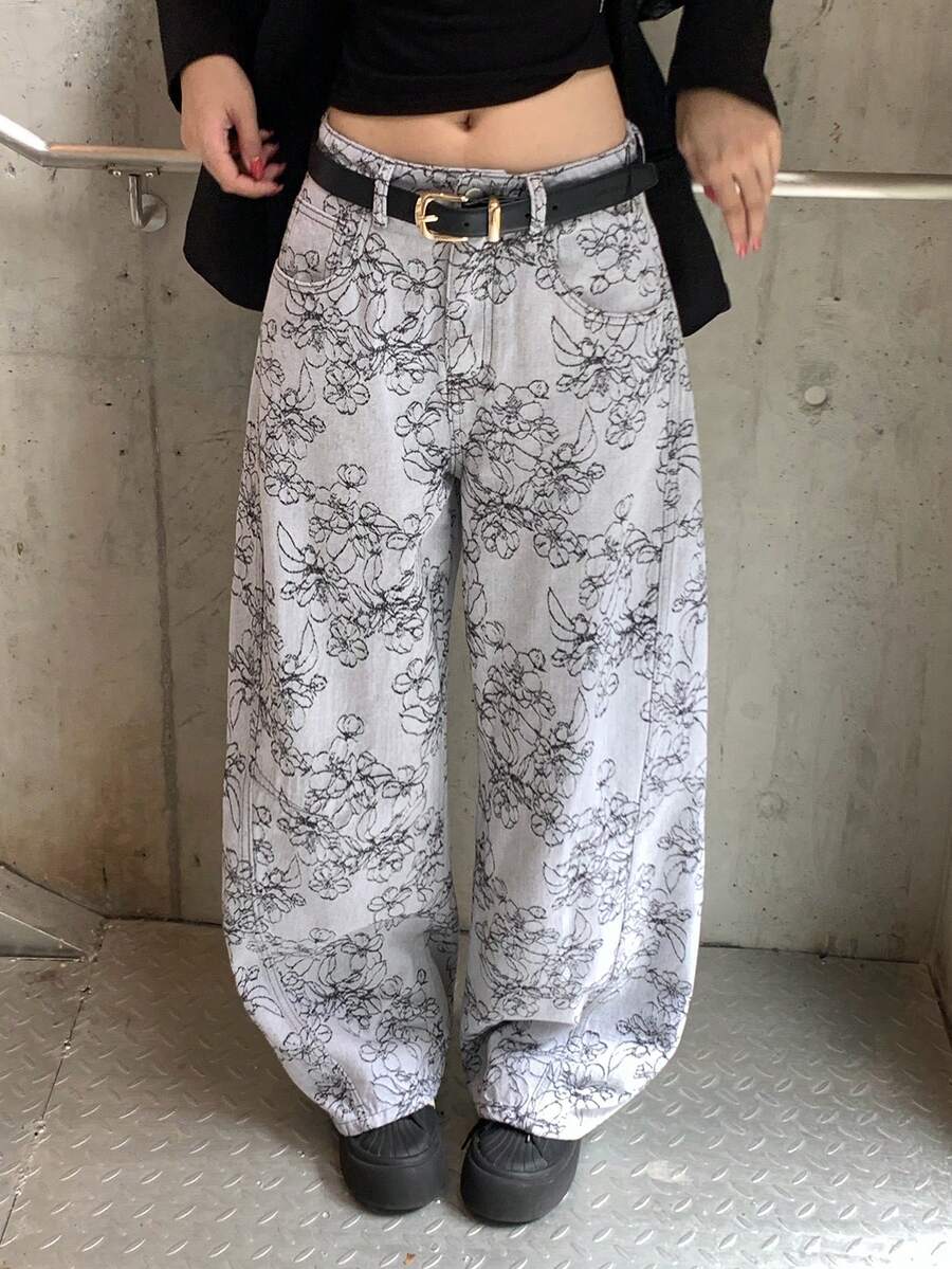 DAZY 女款條紋韓式休閒寬鬆牛仔褲 秋季 - 淺灰色 - 查看 1