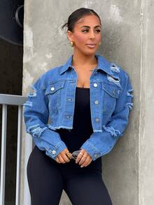 SAYEHFBABY Women's Distressed Water Washed Denim Jacket, Suitable For Spring And Autumn Casual - Medium Wash - View 3