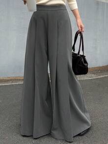 FRIFUL Celana Panjang Wanita Model Korea Terbaru untuk Awal Musim Gugur, Model Kaki Lebar dengan Lipit - Dark Grey - View 6