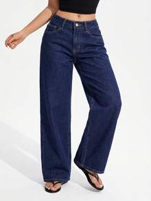 SHEIN PETITE Y2K Women's Straight Leg Denim Jeans - Dark Wash - View 6