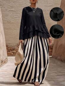Linhara CURVE Women's Solid Black Ruffle Long Sleeve Blouse & Striped Skirt Casual 2-Piece Set - Black - View 3