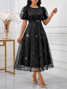 SHEIN Lady 女款優雅派對亮片網紗洋裝 - 黑色 - 查看 6