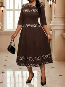 SHEIN Lady CURVE Plus Size Women's Patchwork Leopard Print Round Neck 3/4 Sleeve Elegant Dress - Brown - View 4