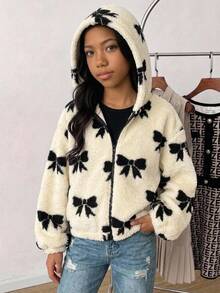 SHEIN 青少年女孩保暖內裡加厚蝴蝶結連帽拉鍊夾克 秋冬款 - 白色 - 查看 7