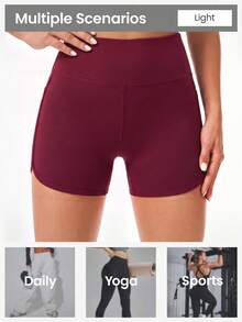 Slayform 1pc Burgundy High Waist Double Layer Women's Sports Shorts, With Zipper Pocket, Slim Fit, Suitable For Running Workout Summer - Burgundy - View 5