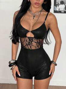 SHEIN HypeZone Women's Street Minimalist Black Snake Print Lace Patchwork Fitted Jumpsuit - Black - View 5