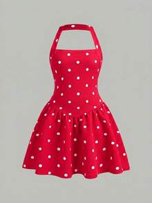 Firerie Kids Firerie Kids Tween女孩休閒度假黑白波點掛脖A字可愛洋裝 - 紅色 - 查看 4