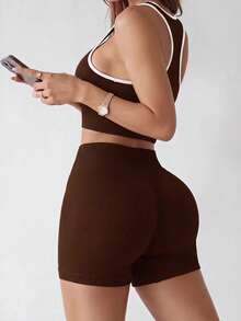 Dewbera Dewbera Women's Ribbed Trim Cropped Fitted Tank Top And Shorts Set - Coffee Brown - View 4