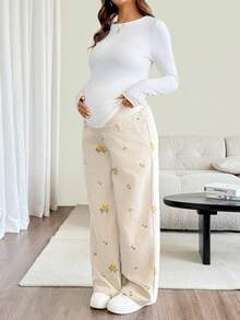 SHEIN Maternity Adjustable Waist Floral Pattern Casual Everyday Long Pants,Autumn - Apricot - View 3