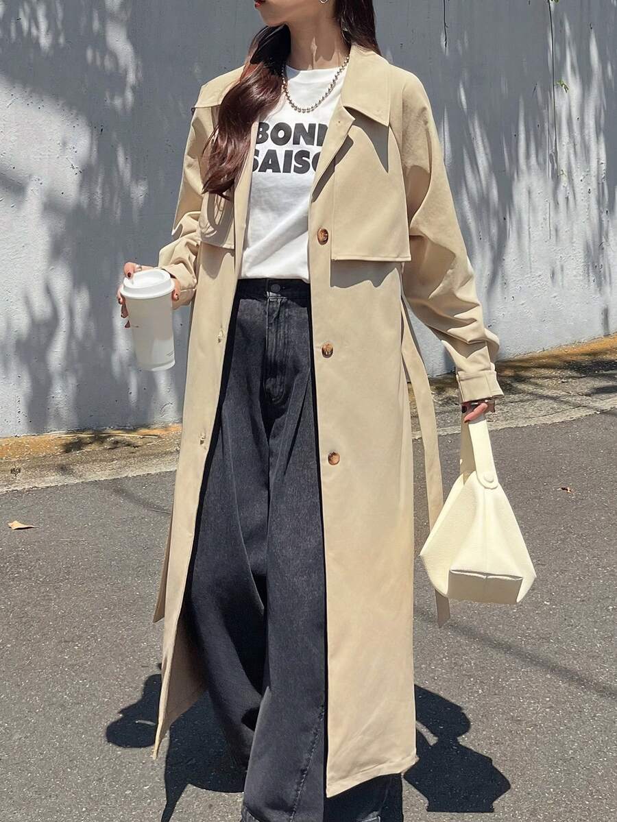 FRIFUL Women's Autumn Solid Khaki Belted Long Trench Coat - Khaki - View 1