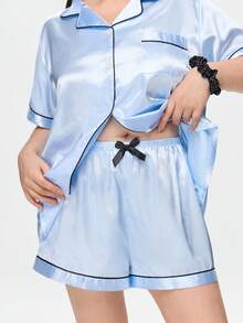 Bonmuse 加大码 2 件纯色缎面短袖翻领上衣和蝴蝶结短裤睡衣套装女士夏季家居服套装清凉浅蓝色 - 藍色 - 查看 8