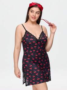 Bonmuse 1 buah Gaun Tidur Camisole Wanita Ukuran Besar Bahan Rayon Motif Ceri dengan Hiasan Renda dan Pita, Belahan Samping - Hitam - View 5