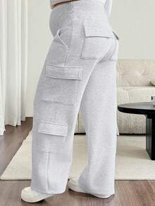 SHEIN Maternity Casual Versatile Adjustable Waistband Cargo Sweatpants With Pockets - Light Grey - View 2