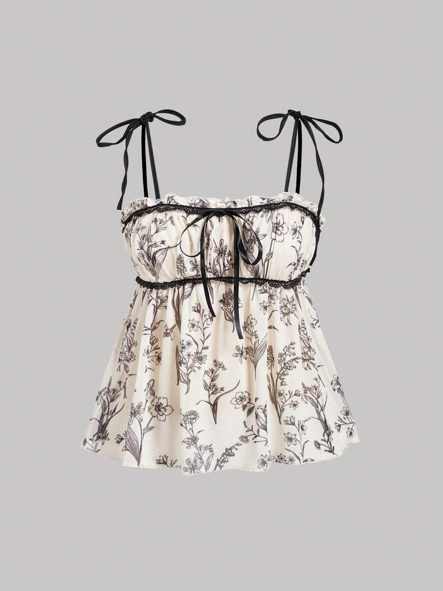 SHEIN MOD Women's Floral Pattern Cami Crop Top, Tops, Summer Tops, Babydoll Top Vacation Black White Cottagecore Romantic - Black and White - View 1