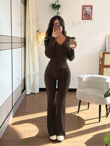 SHEIN PETITE 2pcs/Set Women Casual Hooded Sweatshirt With Pockets & Ribbed Flare Pants, Versatile Autumn/Winter Outfit ,Petite Women - Chocolate Brown - View 3