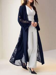 Al Najma Women's Lace Patchwork Casual Party Travel Abaya - Navy Blue - View 3