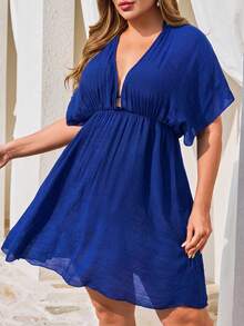 Swim Lushoire Summer Beach Daily Basic Solid Color Plus Size Cover-Up - Royal Blue - View 3