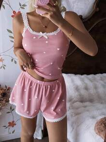 CottageSlumber Women's Pink Heart & Ribbed Lace Silk Camisole Shorts Pajama Set - Coral Pink - View 5