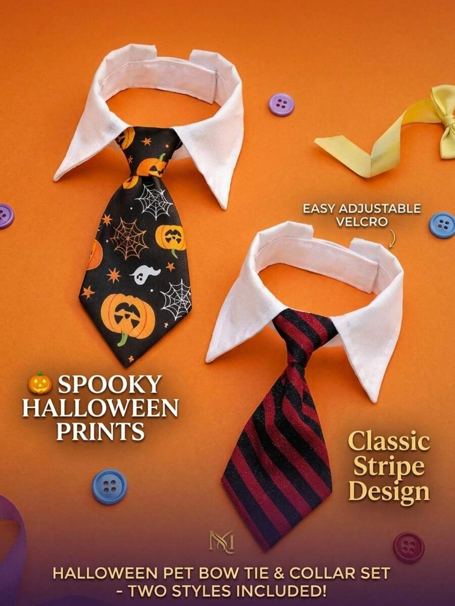 PETSIN 1PC Gentle Suit Collar Pet Tie Collar / Soft Smooth Woven Cloth White Shirt Collar Design Two Style Prints Halloween Pumpkin Spider Web Ghost Pattern & Classic Red Black Stripe - Multicolor - View 1