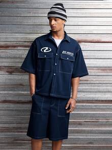 AXEPEAK Conjunto de camisa y pantalones cortos para hombre - Azul Marino - Ver 5