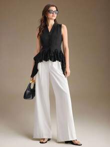 Ontre 2026 New All Season Minimalist Fashion Elegant Commute Casual Sleeveless V-Neck Cinched Waist Ruffle Trim Patchwork Button Blazer Jacket Versatile Slimming Heightening Elegant Daily Wear Commute Wear Office Wear Date Wear Fashion Wear Streetwear - Black - View 3