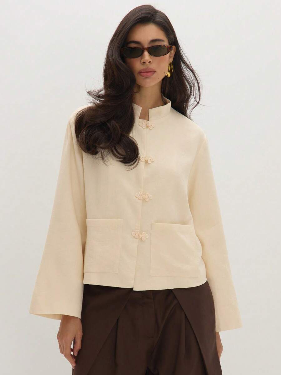 MUSEYN Cream Japanese Knot Style High Neck Crepe Jacket Sophisticated Polished Refined Everyday Office Fall New Season Capsule Wardrobe - White - View 1