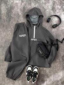 SHEIN 青少年男孩半拉鍊連帽夾克與慢跑長褲2件套，休閒運動風，適合秋冬、通勤、上學、日常穿著、度假、旅行、運動，四季皆宜，抓絨加厚 - 灰色 - 查看 6