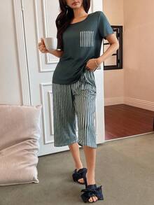 SHEIN Women's Casual Leopard Print Pocket Round Neck Short Sleeve Capri Pants 2 Pieces Pajama Set - Multicolor - View 3