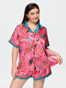 Bonmuse Young Vibrant Fun Tiger Butterfly Lightning Cat Wave Stripe Print Lapel Open Front Satin Plus Size Women's Pajama Set - Multicolor - View 3