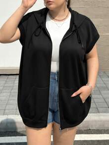 SHEIN CURVE+ 大尺碼休閒秋季拉鍊抽繩連帽衛衣，2026冬季 22W - 黑色 - 查看 6