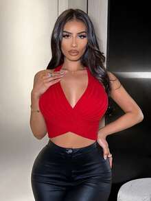 SHEIN SXY Plus Size Red Criss-Cross Backless Knit Halter Top Sexy Going Out Club Night Summer - Red - View 4