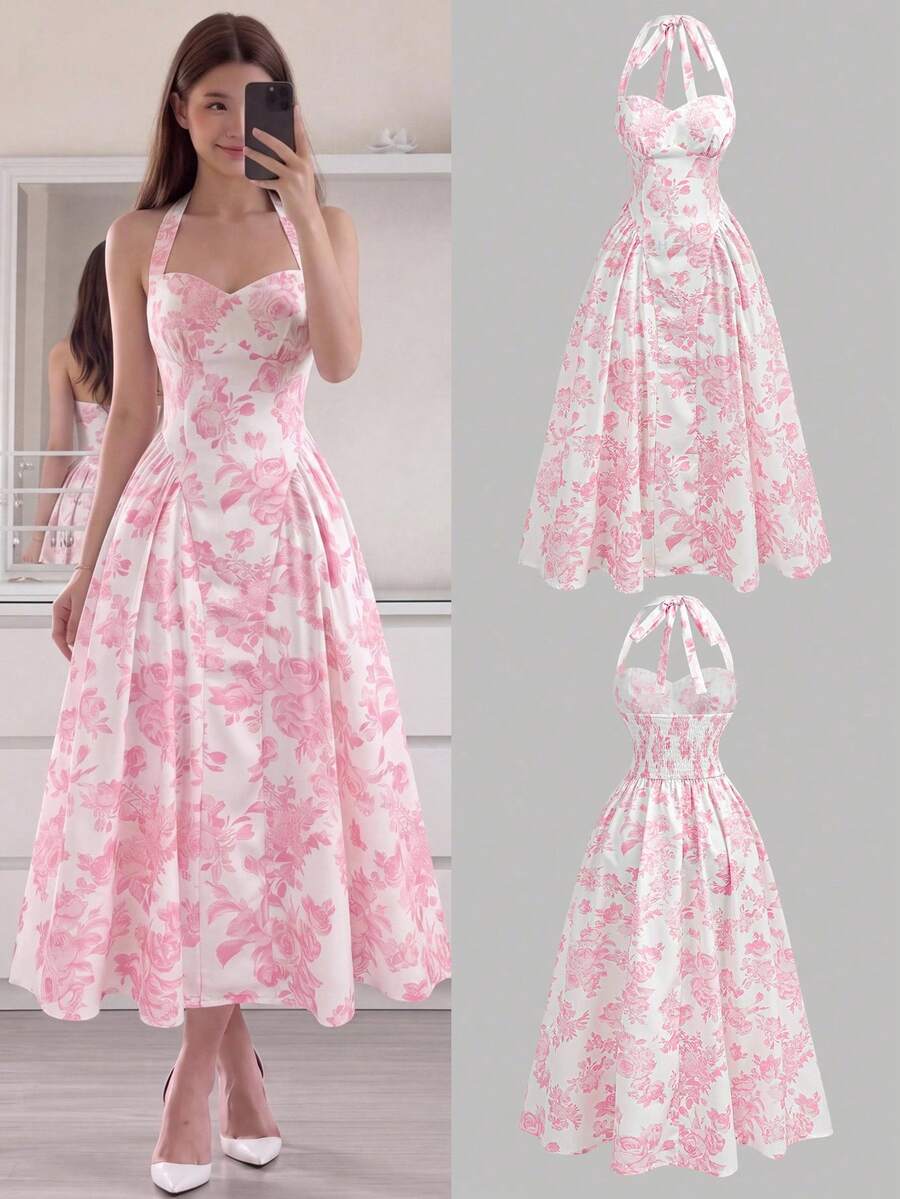SHEIN Girlism 少女印花露背中长连衣裙,纯色吊带裙,适合春夏度假穿着,女童连衣裙 - 粉色 - 查看 1