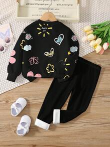 SHEIN Leap Crew 2 件套青少年女孩休闲花卉和卡通人物印花圆领长袖运动衫和紧身裤套装，适合秋冬季 - 彩色 - 查看 3