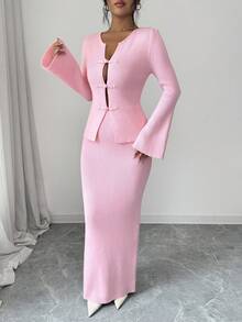 SHEIN Elenzya Women's Autumn/Winter Pink Knitted Sweater & Skirt 2-Piece Set, Light Pink New Chinese Style Frog Button Knitted Set, Gentle Minimalist Sexy Style, Early Spring Outfit For Dating, Spring Outing, Birthday, Flattering Flare Sleeve Cardigan, High Waist Wide Leg Long Skirt, Commuter Atmosphere, Bestselling Inner Layer, Women's Office Wear, Women's Commuter Set, Outdoor Outfit, Wearable Knitted Set - Baby Pink - View 3