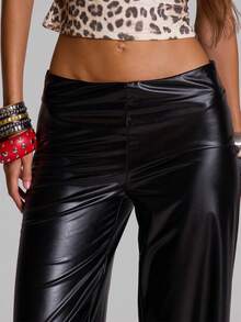 MUSERA Black PU Low Rise Flared Trouser Summer Autumn Going Out Festival Cool Girl Furiosa - Black - View 5