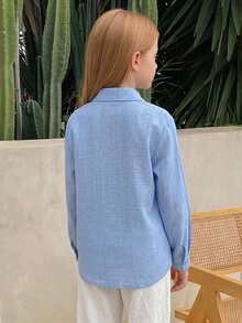 Hapijoa Casual Lapel Pattern Loose Long Sleeve Autumn Girls (Big) Shirt - Blue - View 7