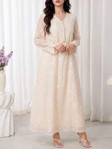 Al Najma Women's Elegant Embroidered Arabian Dress - Apricot - View 6